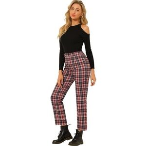 Allegra K Plaid Cropped Trousers Button Casual Tartan Check Work Pants Red Large